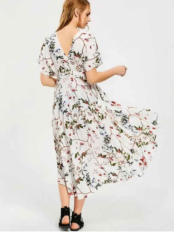 BerryBetty - Gorgeous Empire Waist Floral Asymmetrical Midi Dress