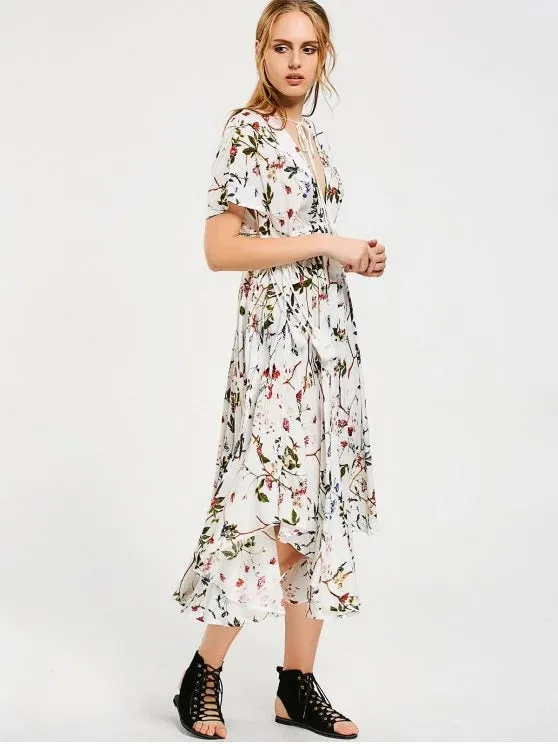 BerryBetty - Gorgeous Empire Waist Floral Asymmetrical Midi Dress