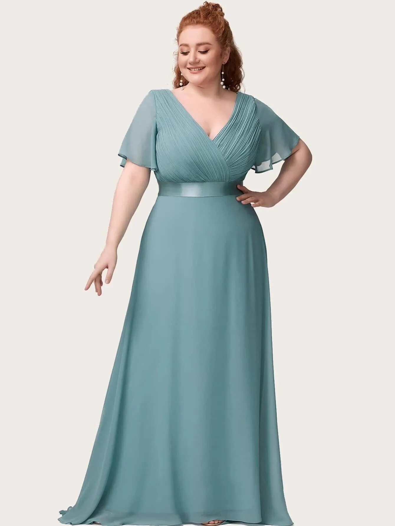 BerryBetty - Summer Outfits New Women Plus Size Evening Dresses Long Elegant A Line V Neck Ruffles Chiffon Formal Wedding Party Dress Robe De Soiree