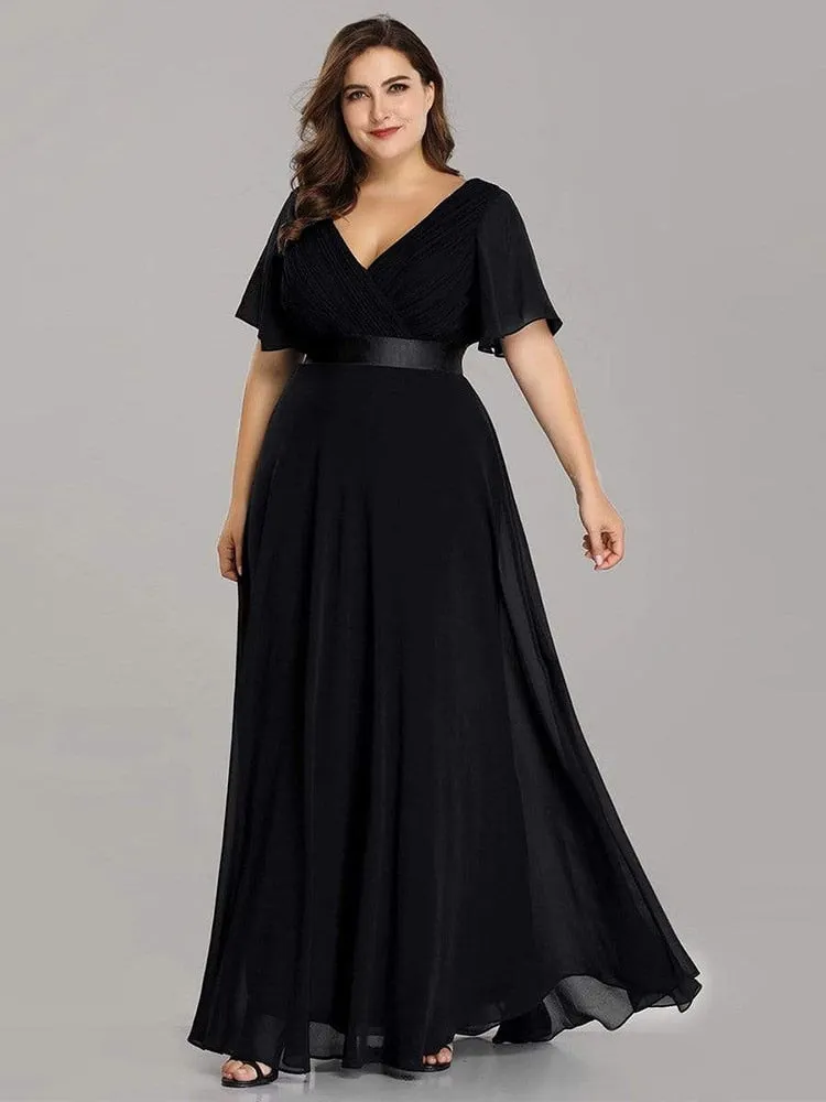 BerryBetty - Summer Outfits New Women Plus Size Evening Dresses Long Elegant A Line V Neck Ruffles Chiffon Formal Wedding Party Dress Robe De Soiree
