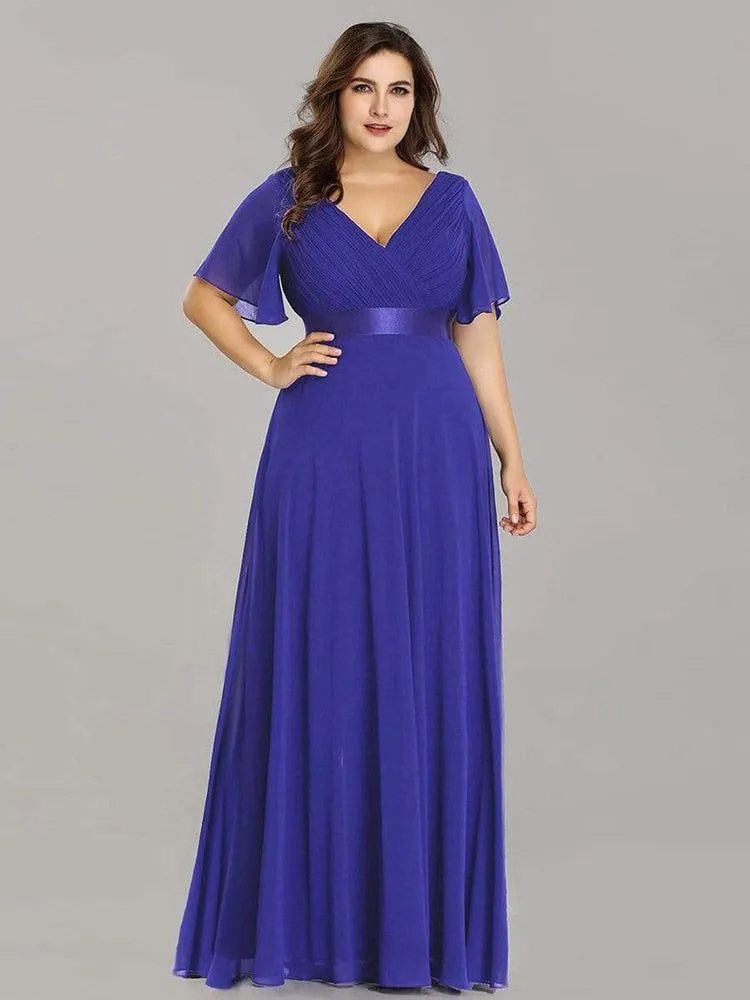 BerryBetty - Summer Outfits New Women Plus Size Evening Dresses Long Elegant A Line V Neck Ruffles Chiffon Formal Wedding Party Dress Robe De Soiree