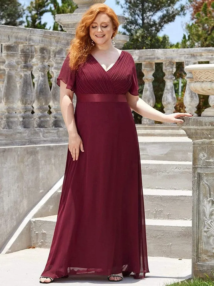 BerryBetty - Summer Outfits New Women Plus Size Evening Dresses Long Elegant A Line V Neck Ruffles Chiffon Formal Wedding Party Dress Robe De Soiree