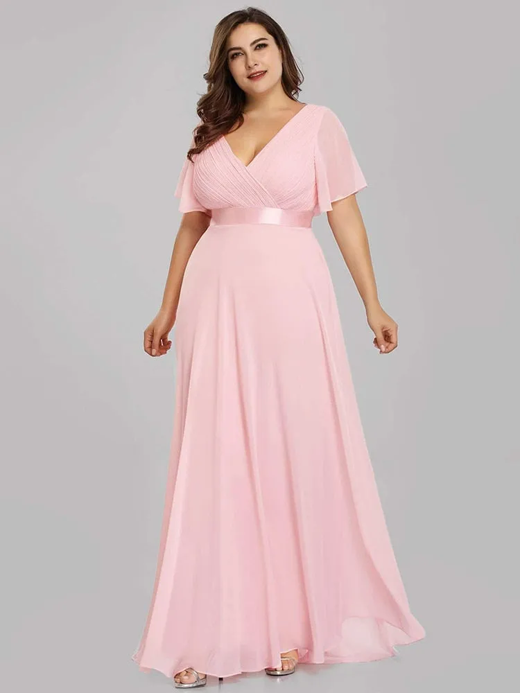 BerryBetty - Summer Outfits New Women Plus Size Evening Dresses Long Elegant A Line V Neck Ruffles Chiffon Formal Wedding Party Dress Robe De Soiree