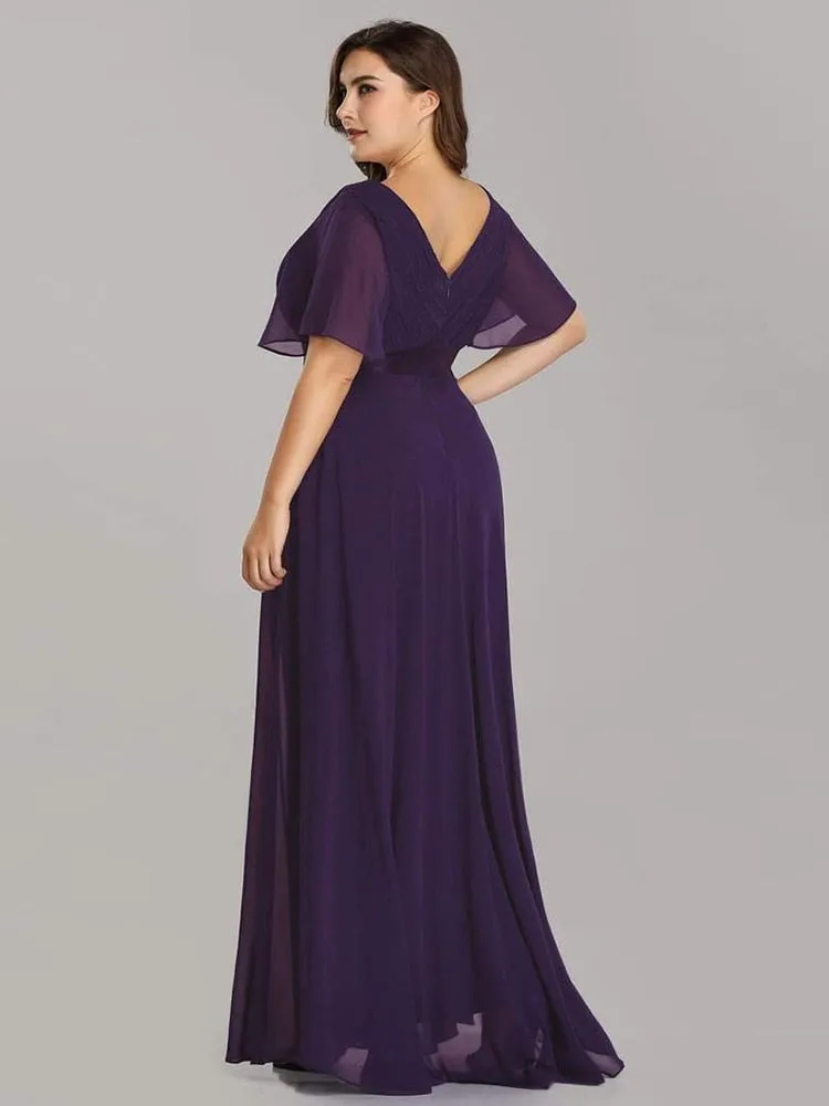 BerryBetty - Summer Outfits New Women Plus Size Evening Dresses Long Elegant A Line V Neck Ruffles Chiffon Formal Wedding Party Dress Robe De Soiree