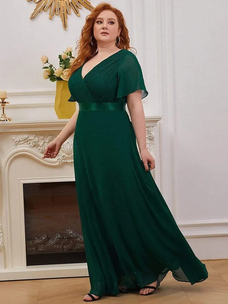 BerryBetty - Summer Outfits New Women Plus Size Evening Dresses Long Elegant A Line V Neck Ruffles Chiffon Formal Wedding Party Dress Robe De Soiree