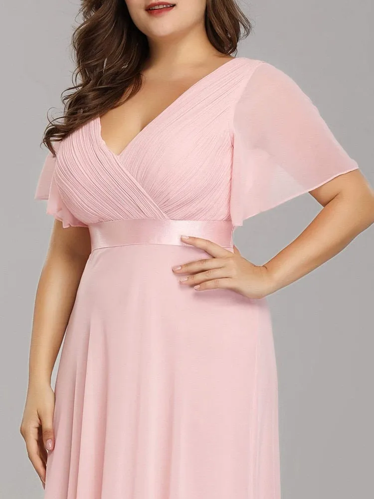 BerryBetty - Summer Outfits New Women Plus Size Evening Dresses Long Elegant A Line V Neck Ruffles Chiffon Formal Wedding Party Dress Robe De Soiree