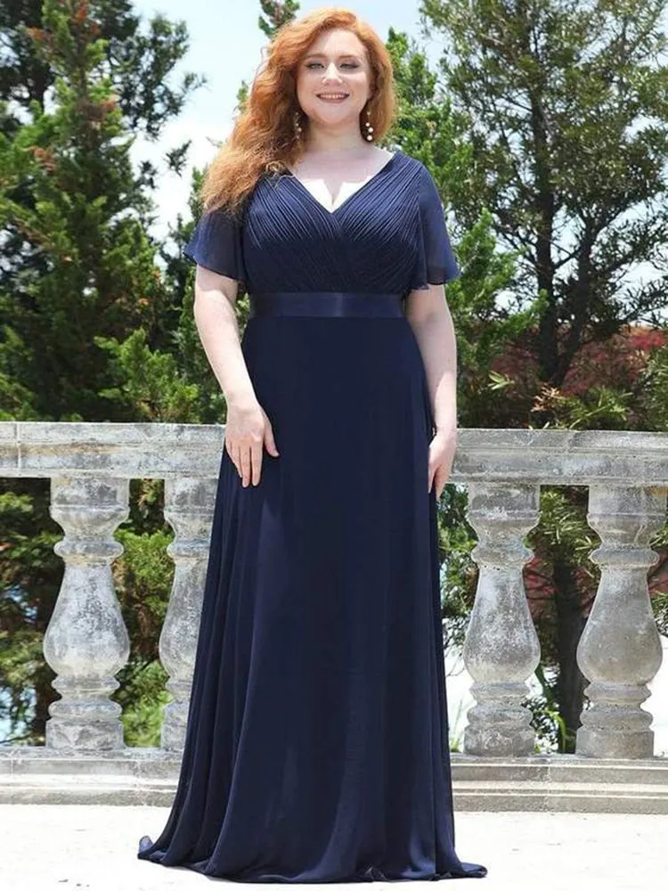 BerryBetty - Summer Outfits New Women Plus Size Evening Dresses Long Elegant A Line V Neck Ruffles Chiffon Formal Wedding Party Dress Robe De Soiree