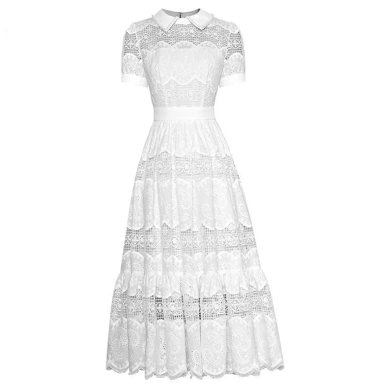 Beta Turn-down Collar Beading Hollow out Embroidery Vintage Party Midi Dress
