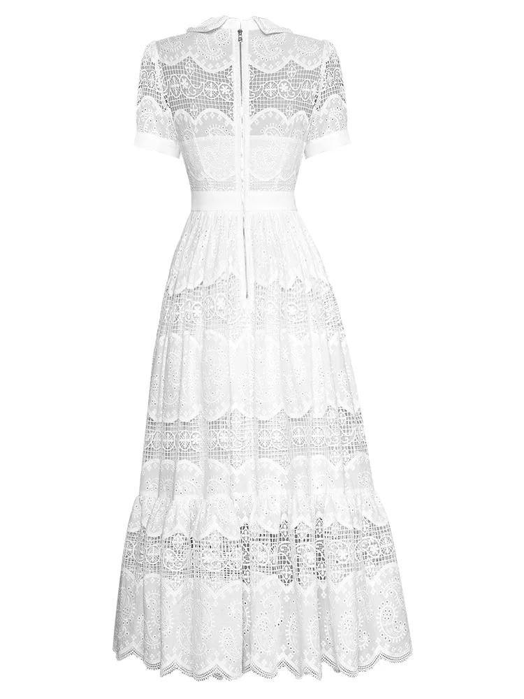 Beta Turn-down Collar Beading Hollow out Embroidery Vintage Party Midi Dress