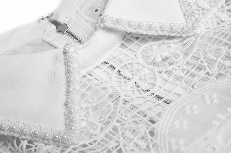 Beta Turn-down Collar Beading Hollow out Embroidery Vintage Party Midi Dress