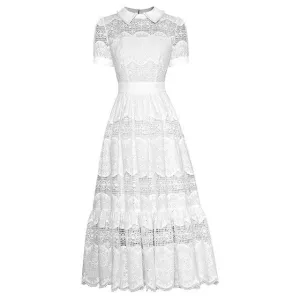 Beta Turn-down Collar Beading Hollow out Embroidery Vintage Party Midi Dress