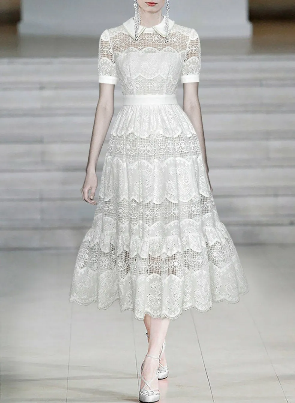 Beta Turn-down Collar Beading Hollow out Embroidery Vintage Party Midi Dress