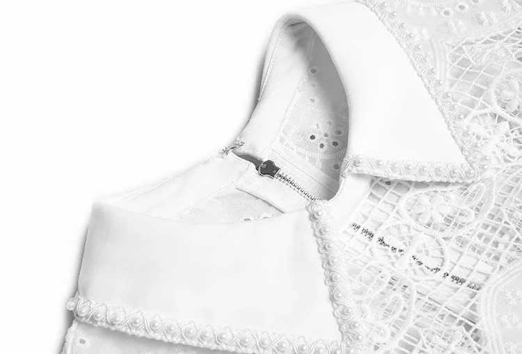 Beta Turn-down Collar Beading Hollow out Embroidery Vintage Party Midi Dress