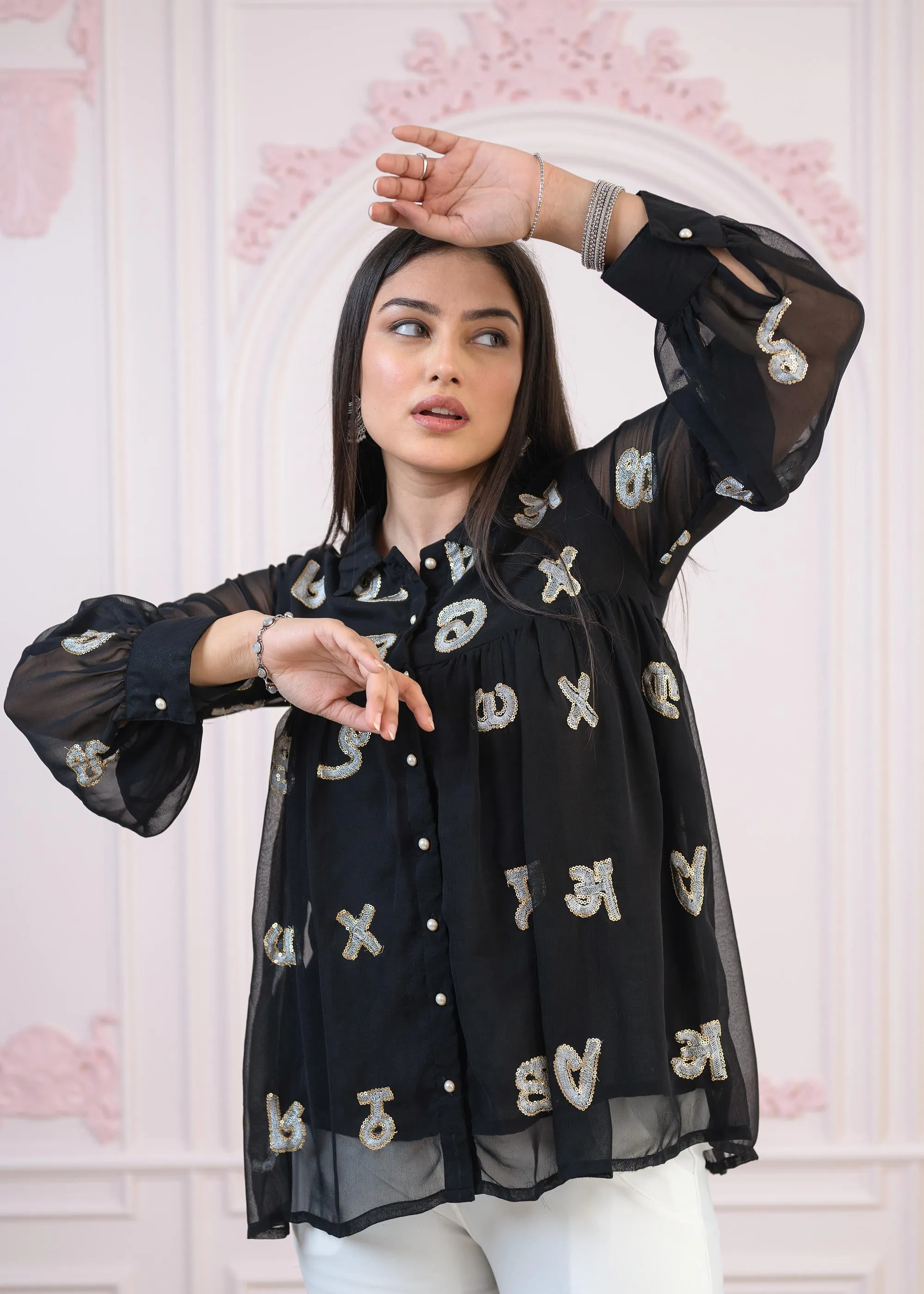 Black embroiderd and sequince tunic with buttons