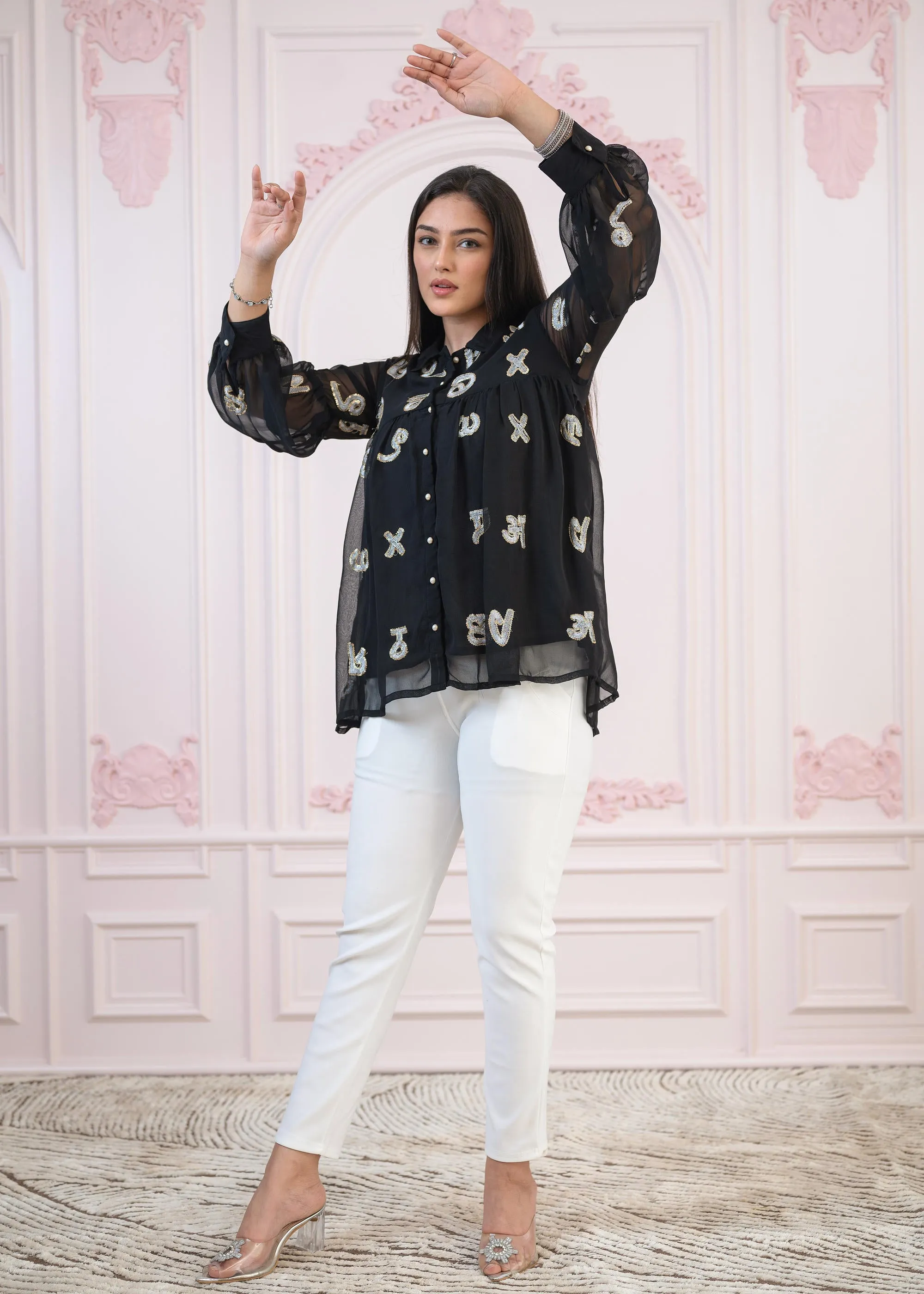 Black embroiderd and sequince tunic with buttons