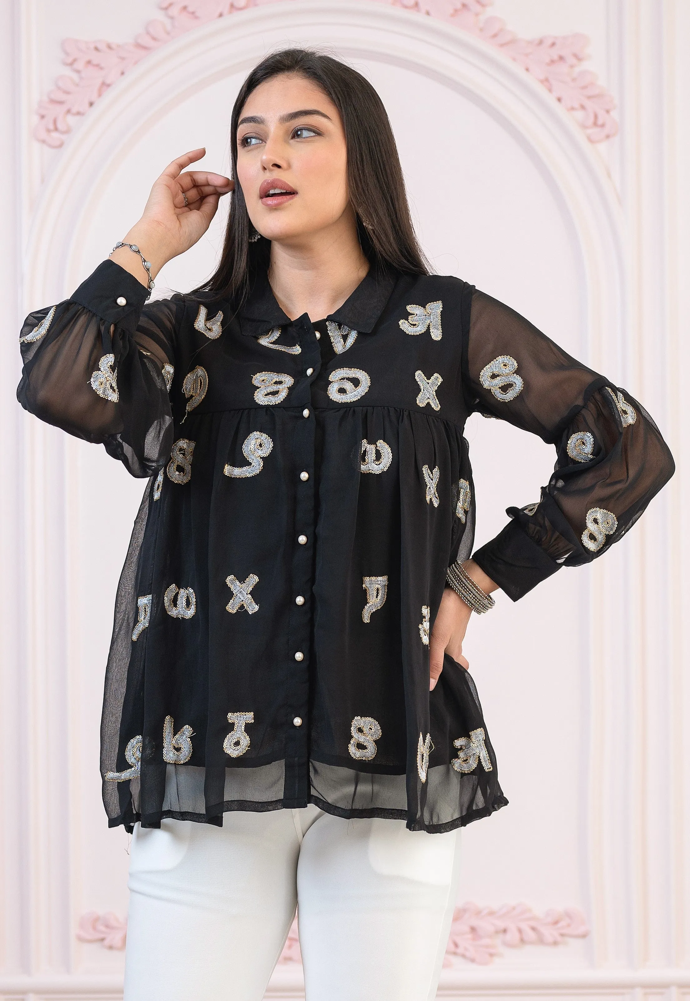 Black embroiderd and sequince tunic with buttons