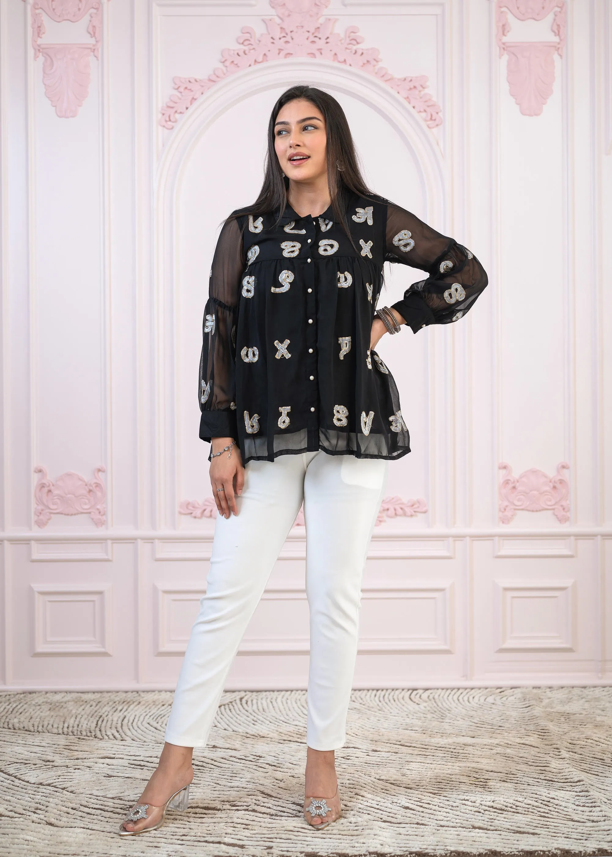 Black embroiderd and sequince tunic with buttons