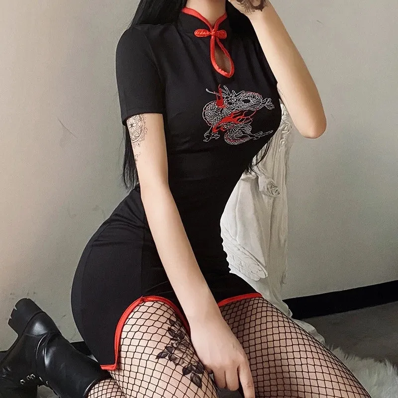 “BLACK EMBROIDERED DRAGON CHEONGSAM" DRESS D051207