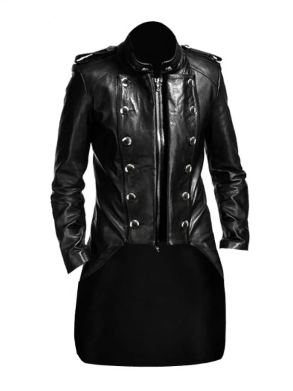 Black Military Leather Tailcoat with Zip for Men