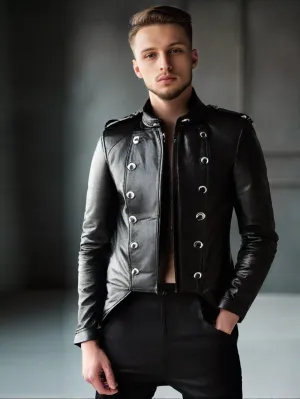 Black Military Leather Tailcoat with Zip for Men