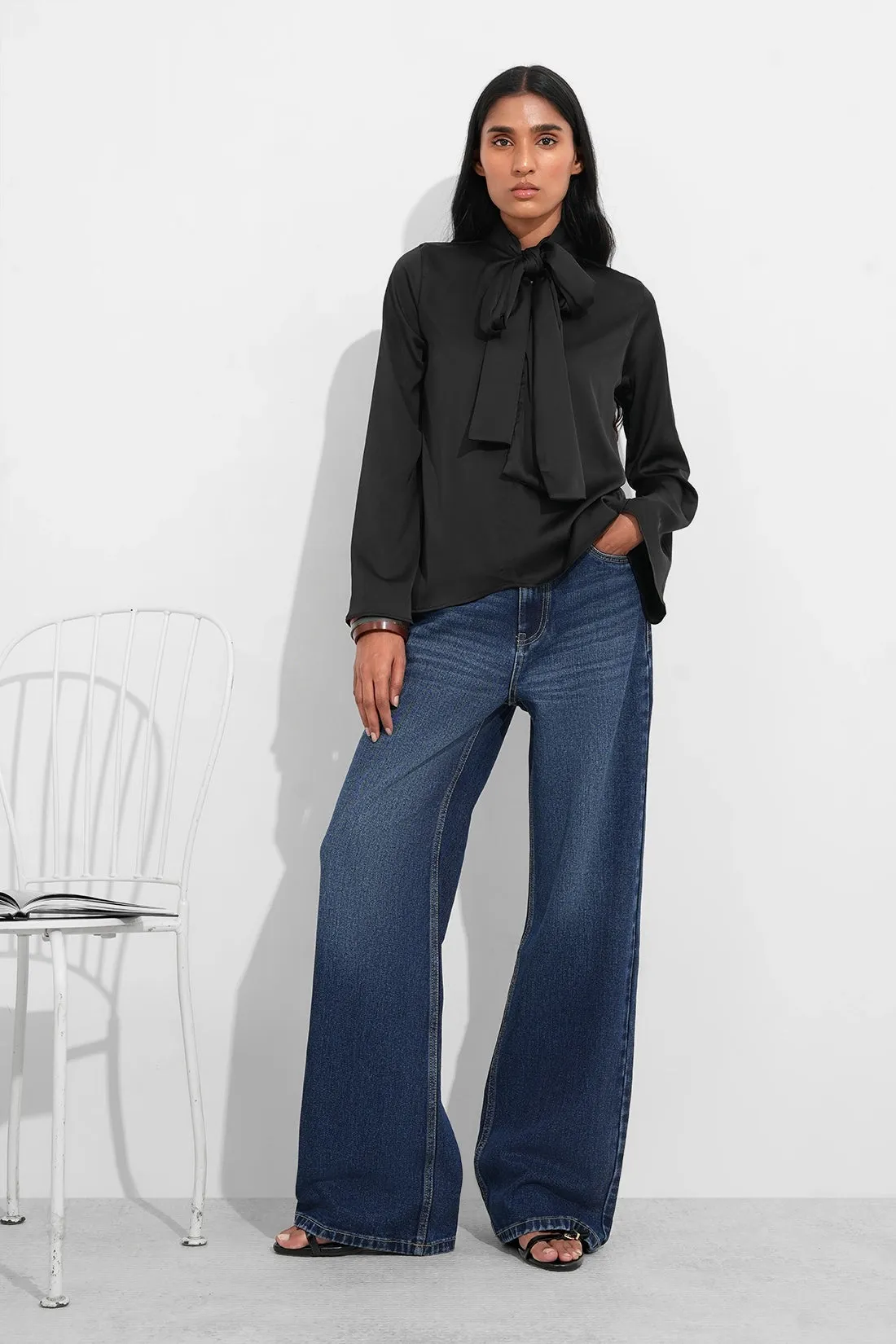 Black Satin Tie Neck Top