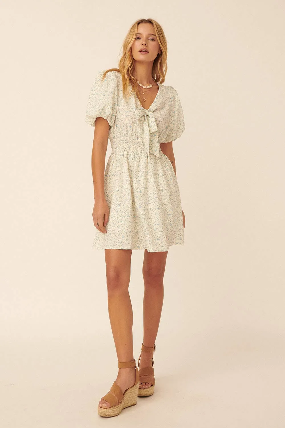 Blue Floral Puff Sleeve Dress