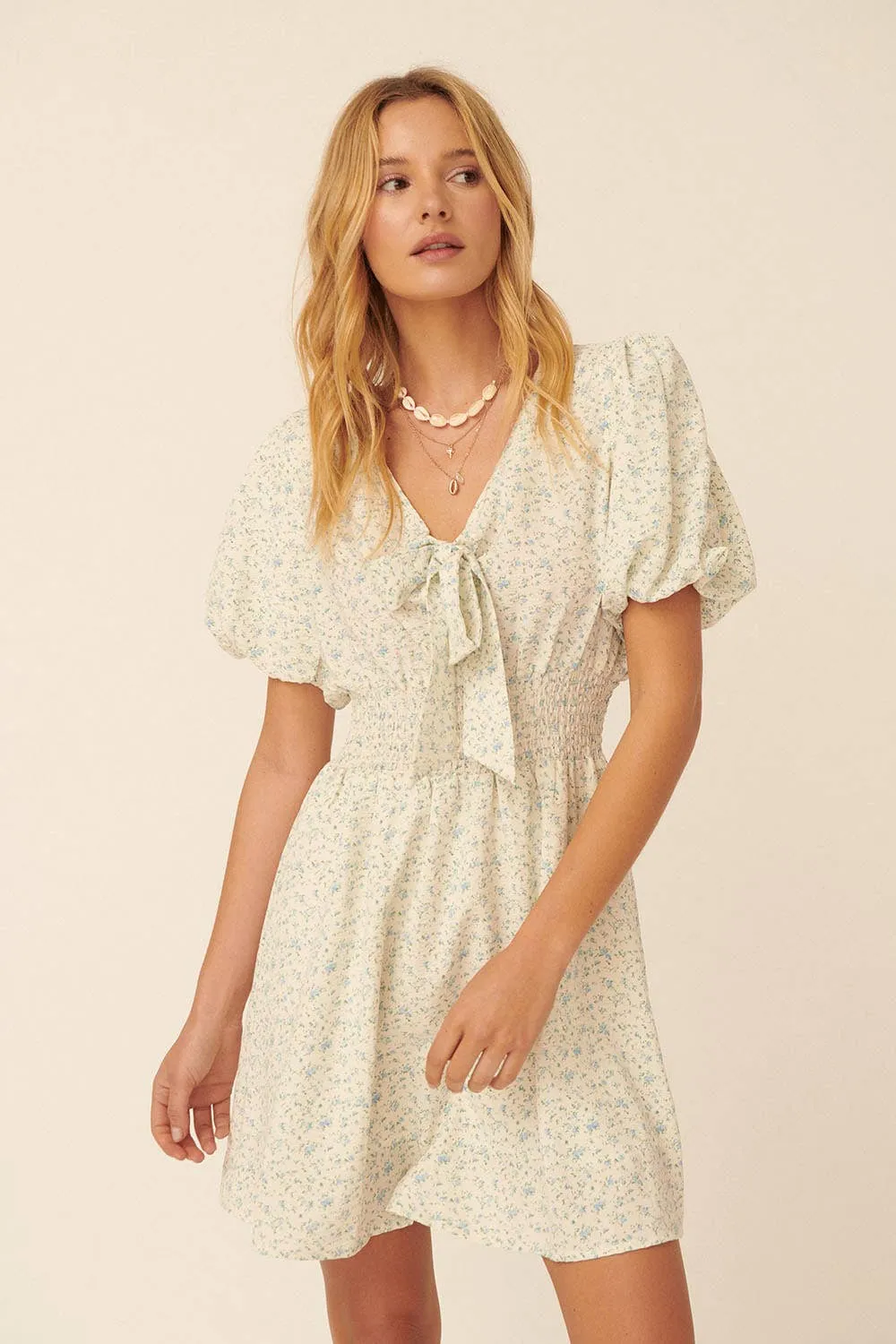 Blue Floral Puff Sleeve Dress