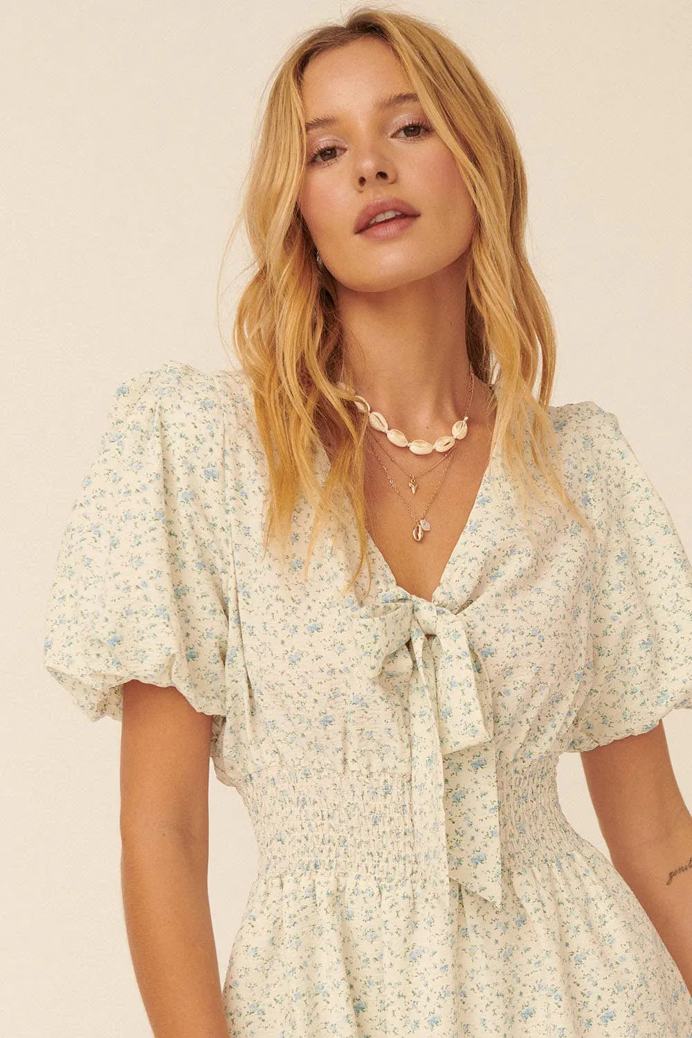 Blue Floral Puff Sleeve Dress