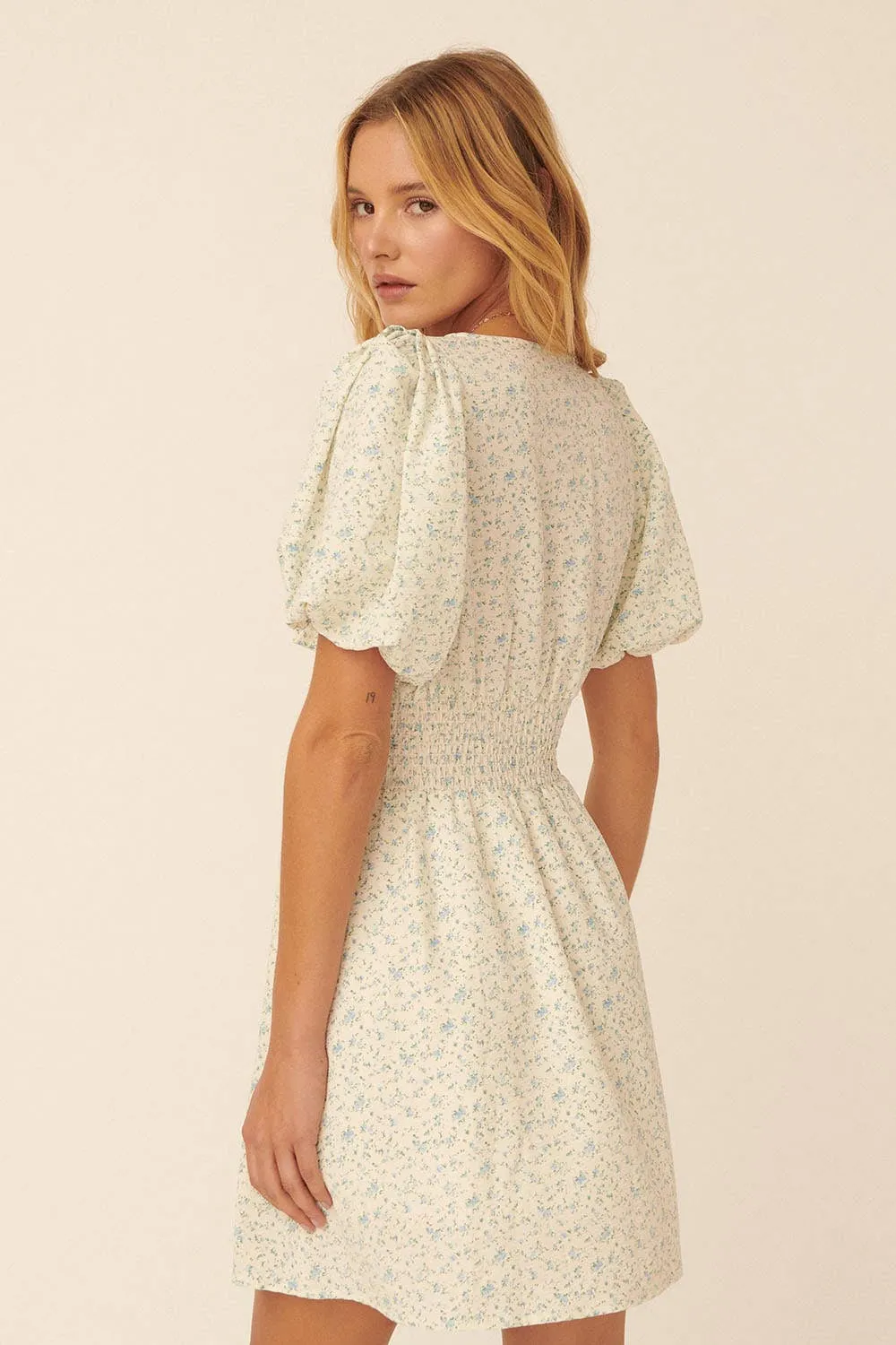 Blue Floral Puff Sleeve Dress