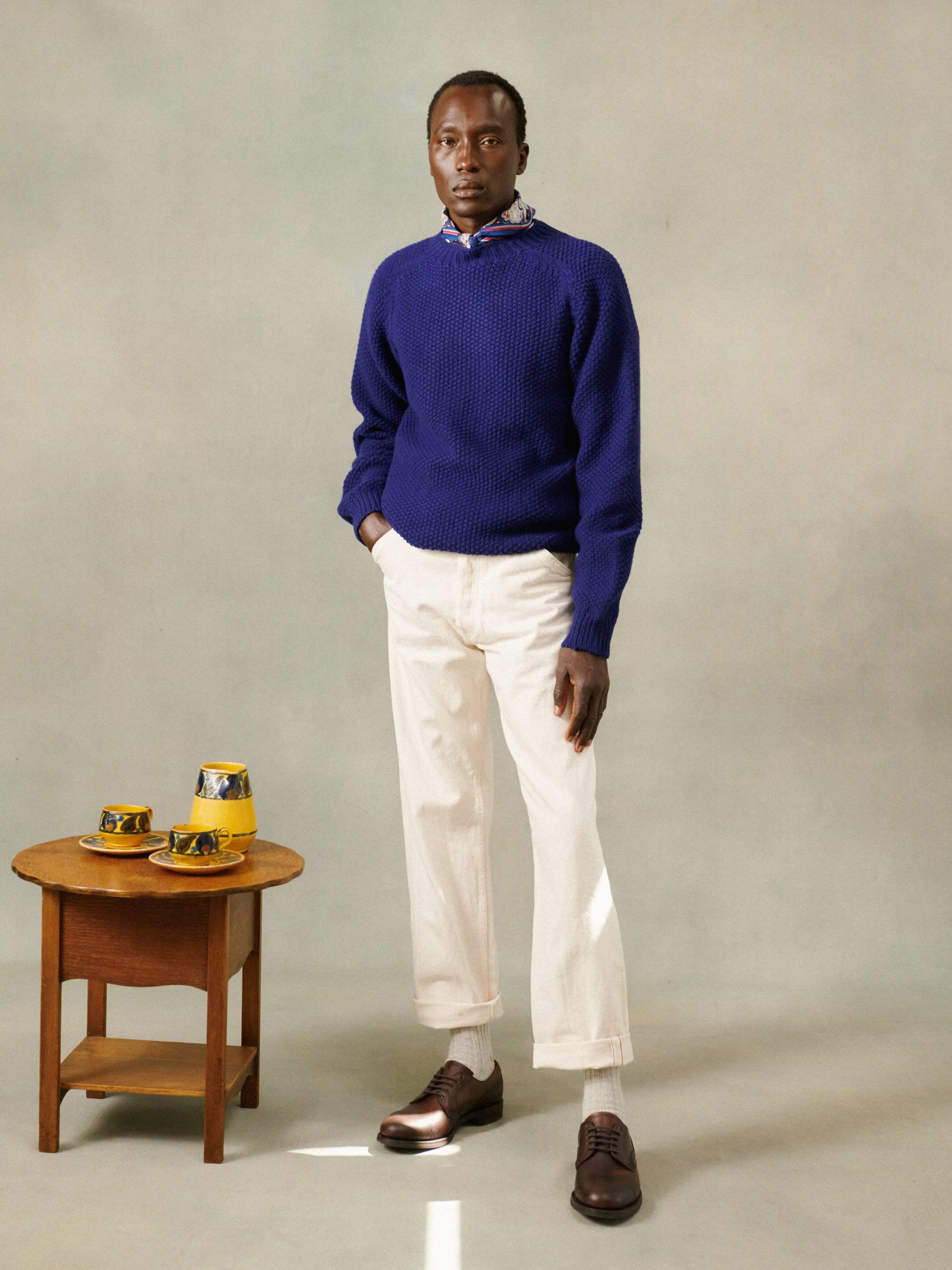 Blue Mogganer Maritime Moss Stitch Chunky Seamless Sweater - American Navy
