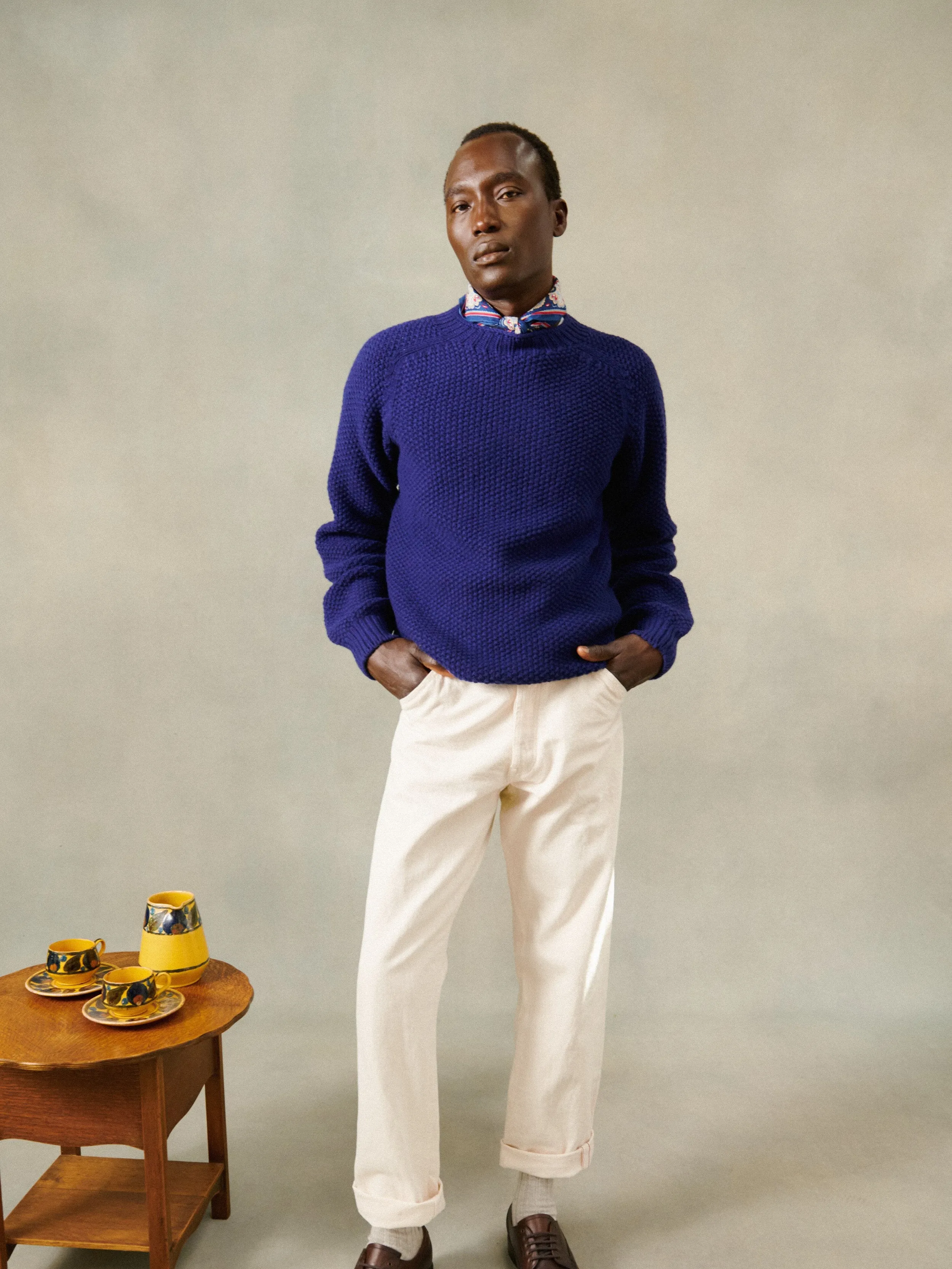 Blue Mogganer Maritime Moss Stitch Chunky Seamless Sweater - American Navy