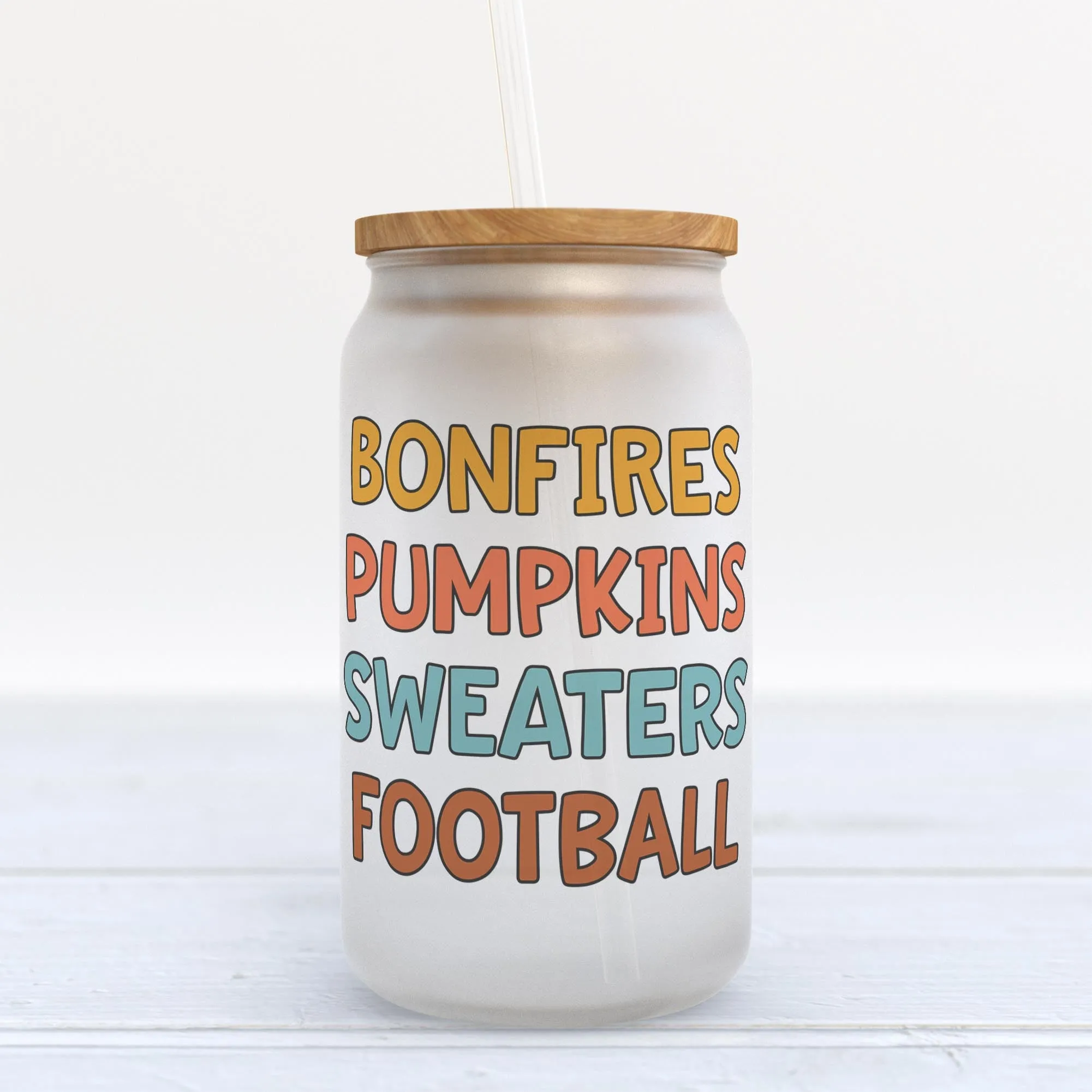 Bonfires Pumpkins Sweaters Football Fall Frosted Glass Can Tumbler