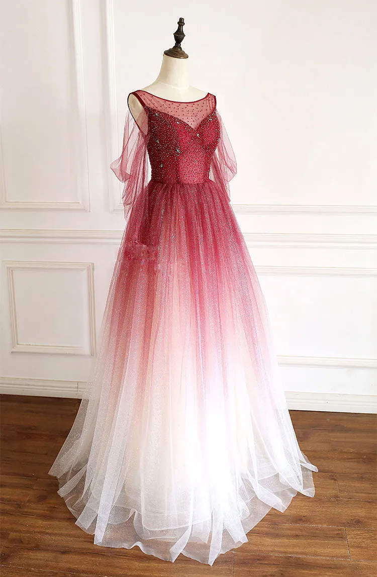 Burgundy tulle sequin long prom dress burgundy tulle formal dress