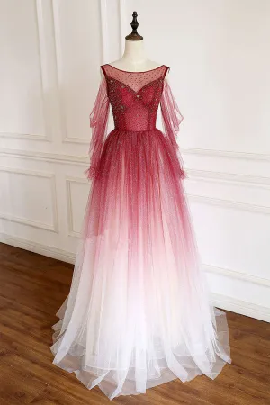 Burgundy tulle sequin long prom dress burgundy tulle formal dress