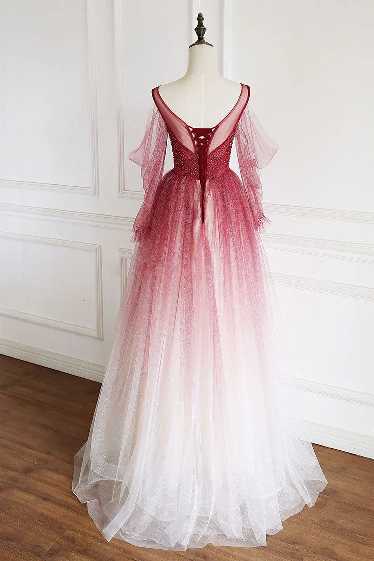 Burgundy tulle sequin long prom dress burgundy tulle formal dress