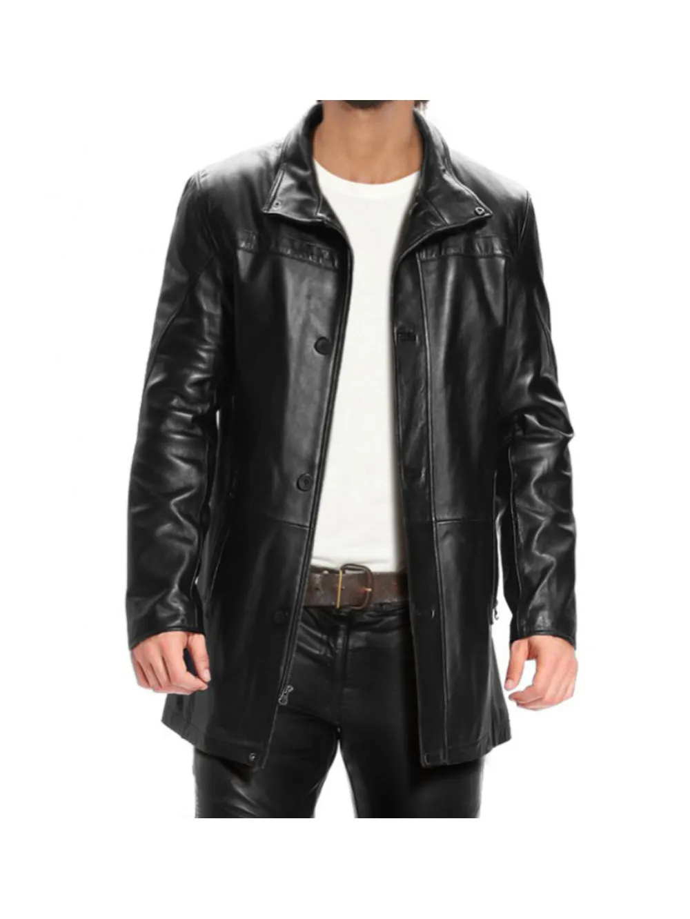 Button Cuff Leather Coat with Pockets for Men
