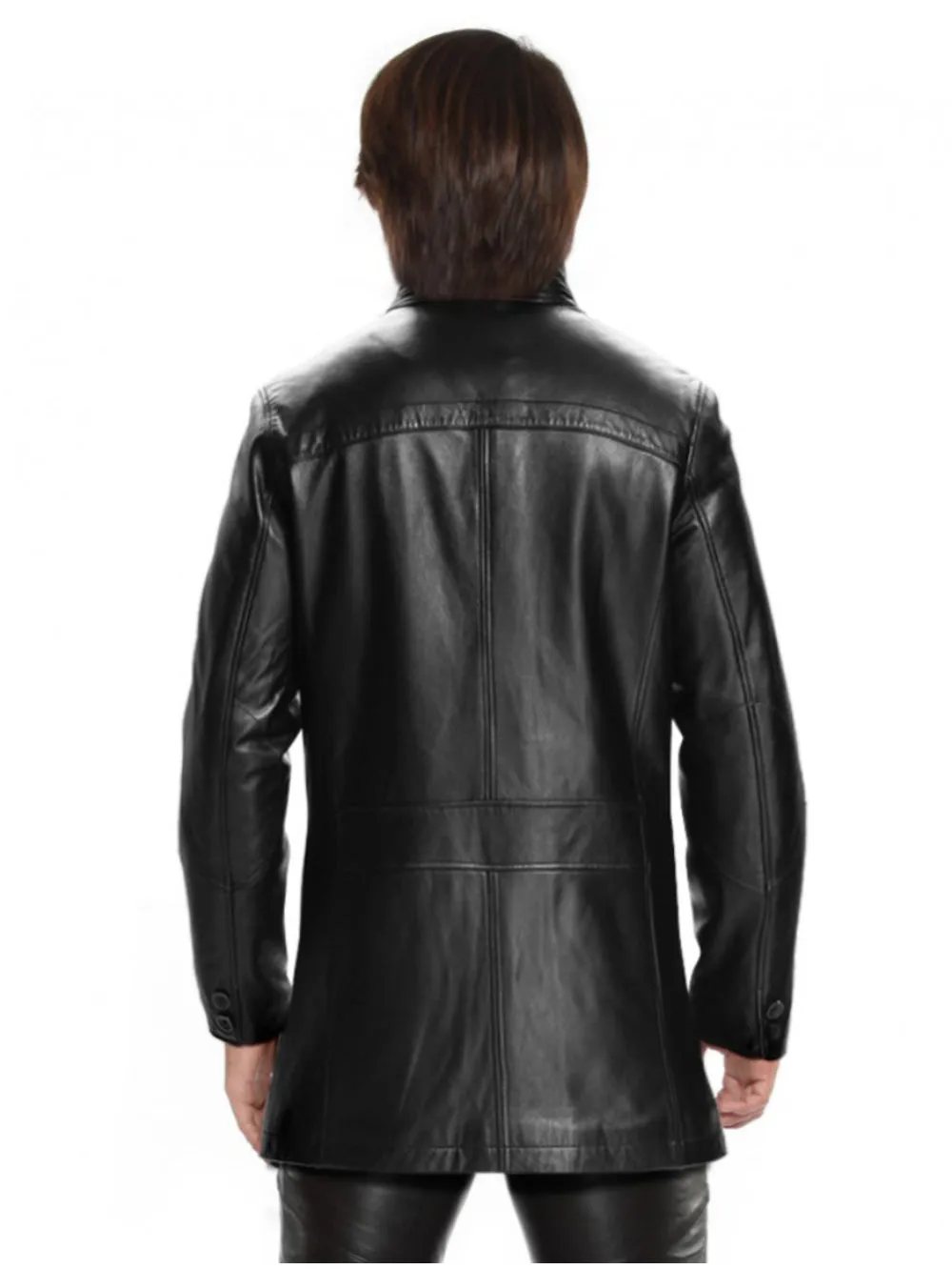Button Cuff Leather Coat with Pockets for Men