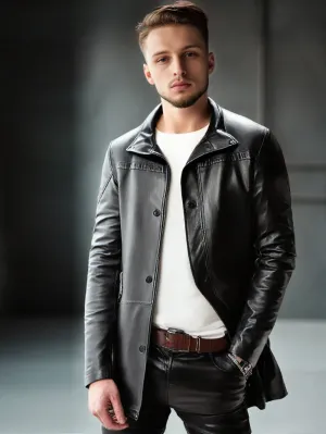 Button Cuff Leather Coat with Pockets for Men
