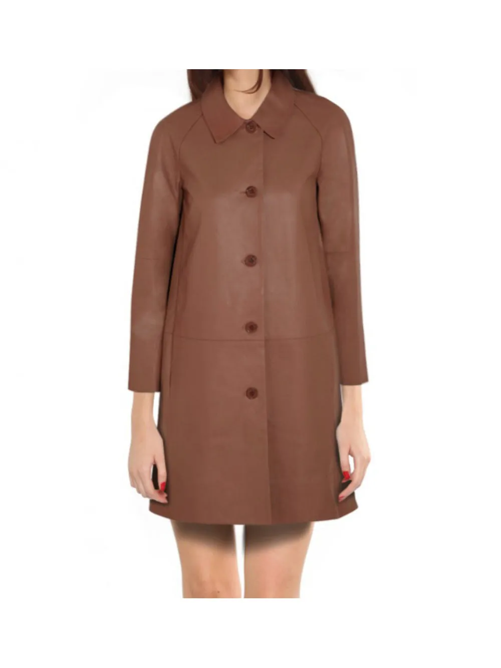Camel Polo Collar Buttoned Leather Coat for Women