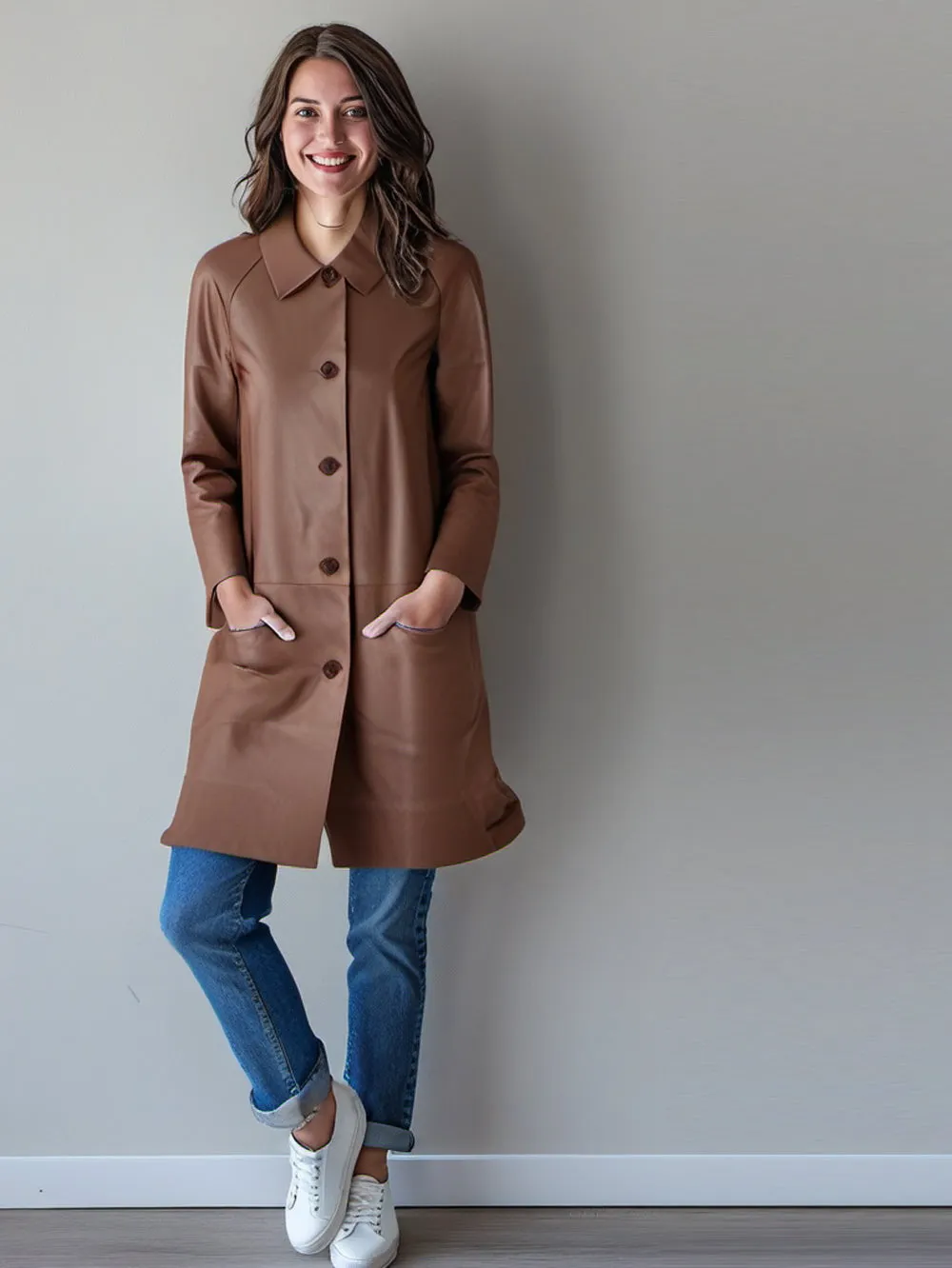 Camel Polo Collar Buttoned Leather Coat for Women