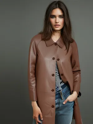 Camel Polo Collar Buttoned Leather Coat for Women