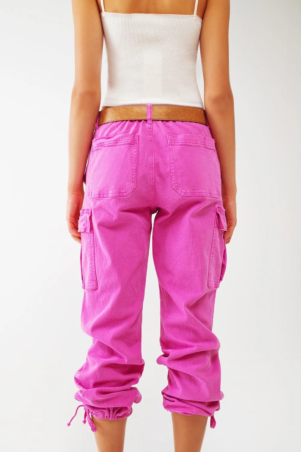 Cargo Pants with Tassel ends in Fuchsia