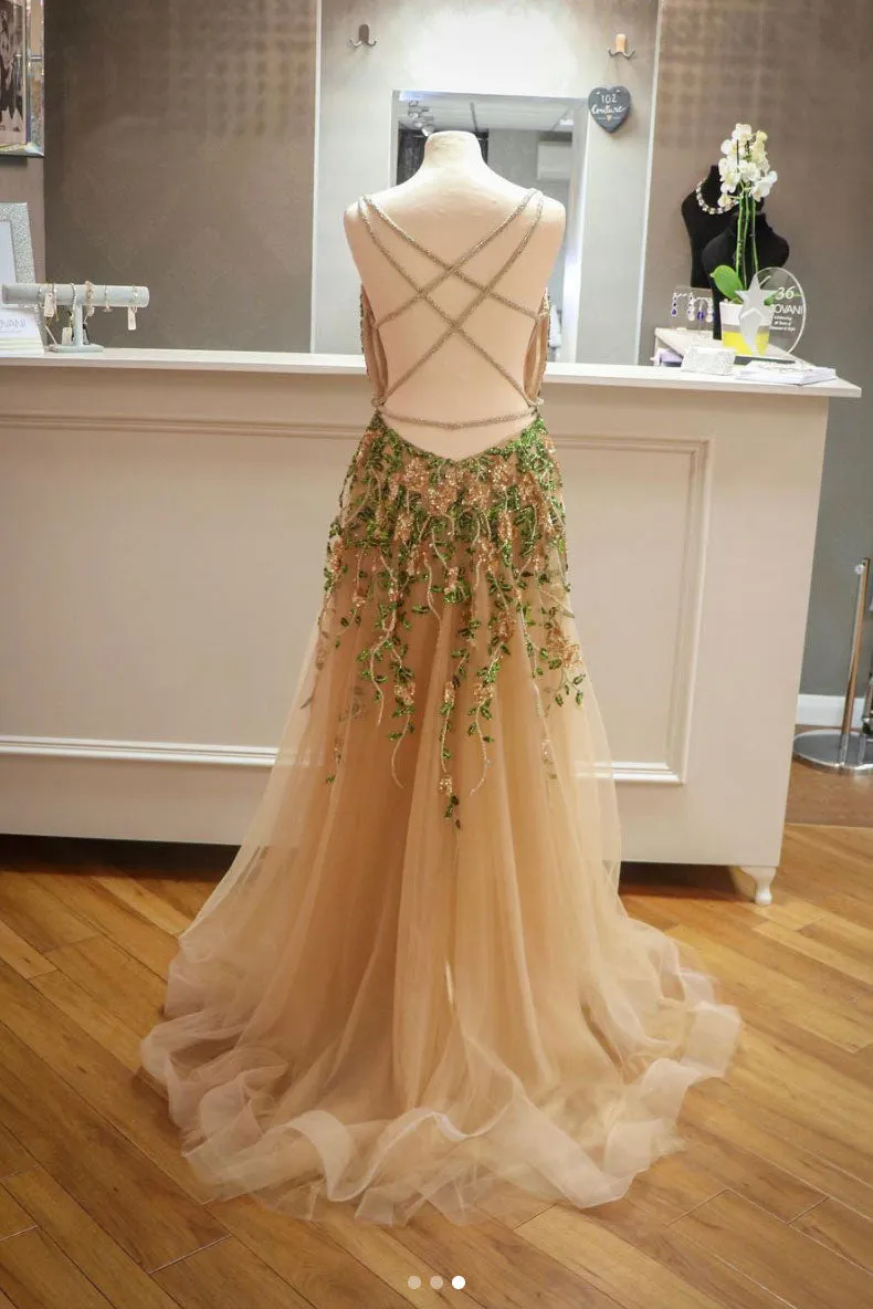 Champagne tulle beads sequin long prom dress, champagne evening dress