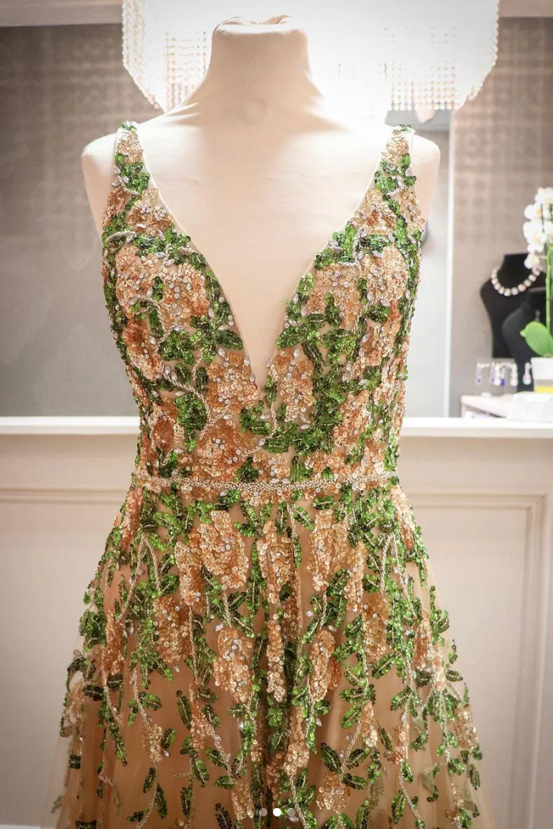 Champagne tulle beads sequin long prom dress, champagne evening dress