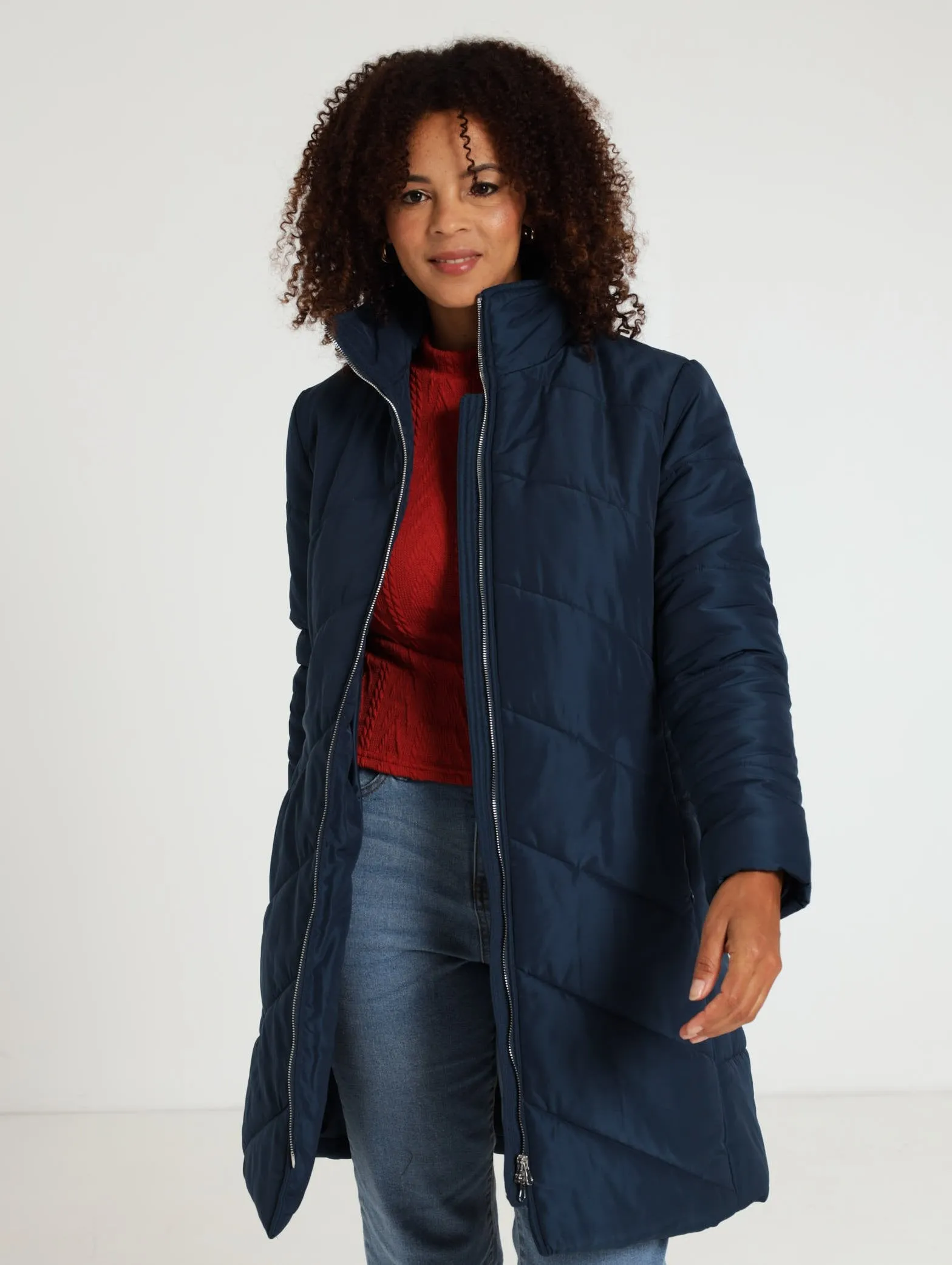 Chevron Longer Length Puffer Jacket - Navy