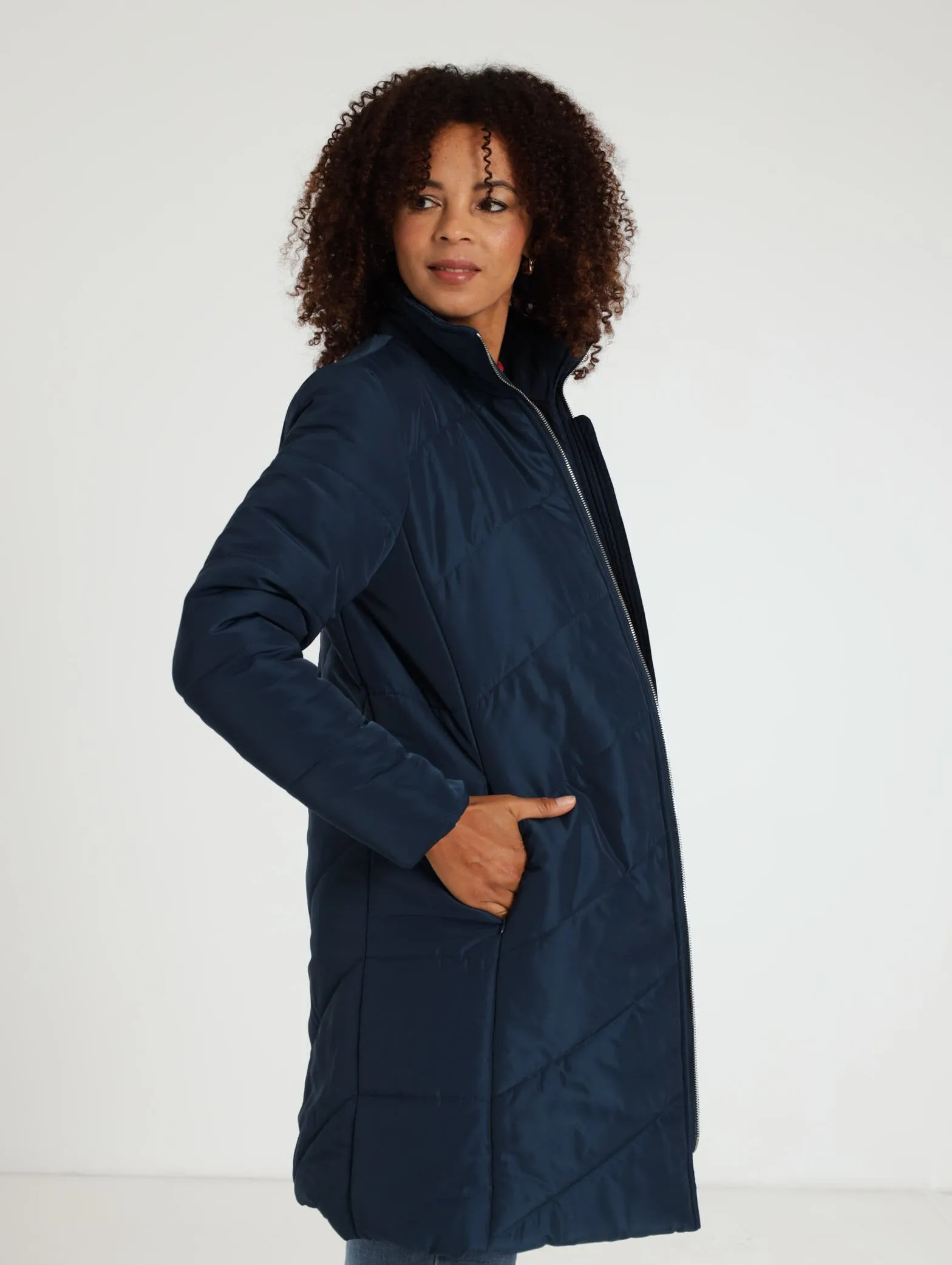 Chevron Longer Length Puffer Jacket - Navy