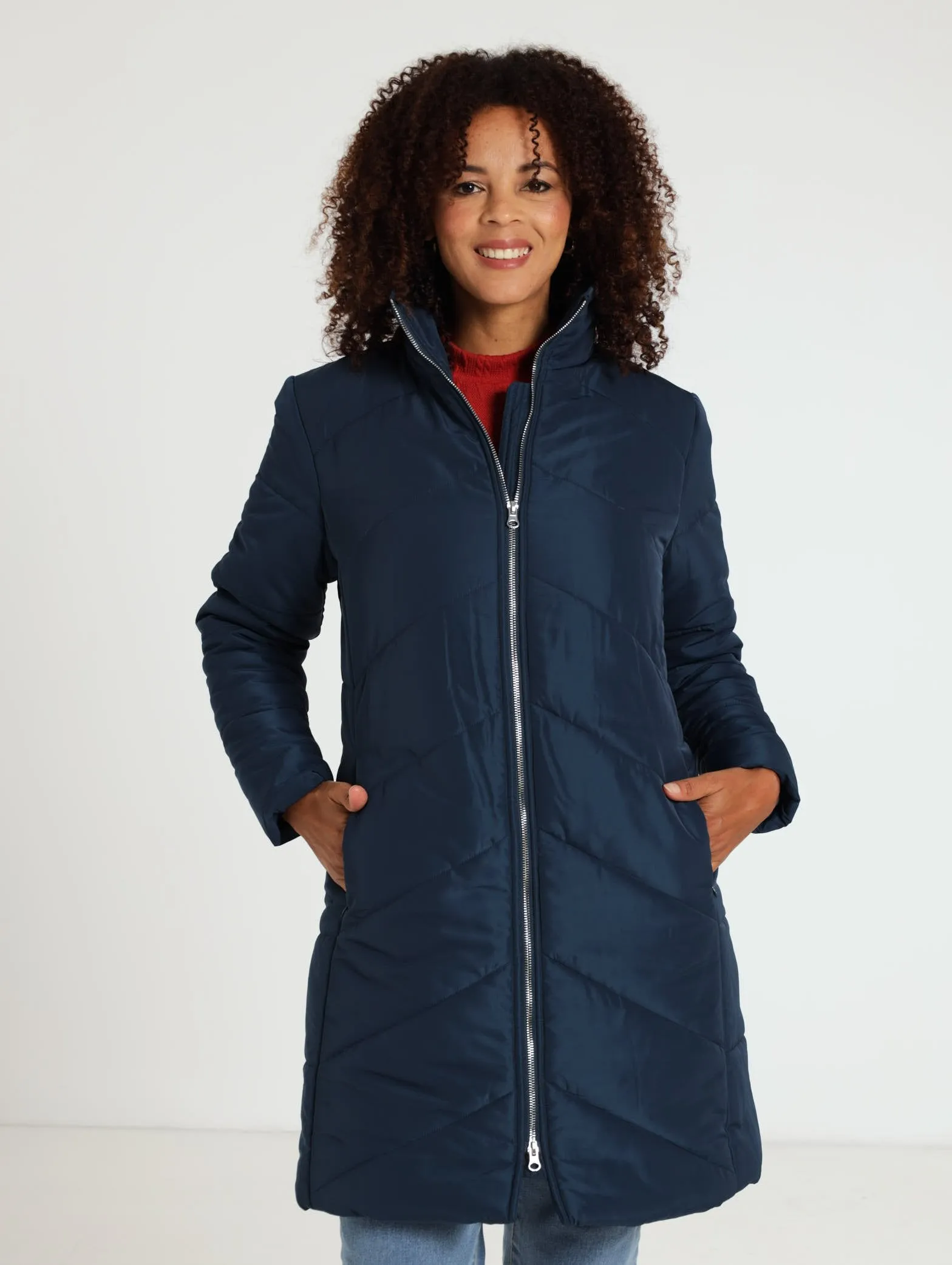 Chevron Longer Length Puffer Jacket - Navy