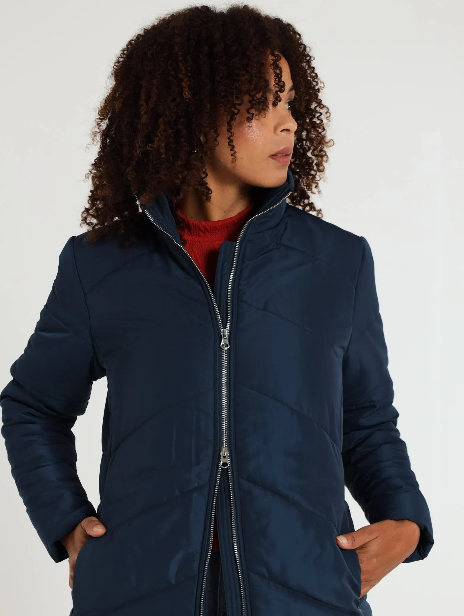 Chevron Longer Length Puffer Jacket - Navy
