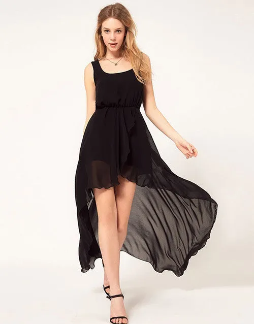 Chiffon Women Dress Irregular Dresses Plus Size Fashion Black Dovetail Mixi Dress Round Neck Vest Beach Long Dress