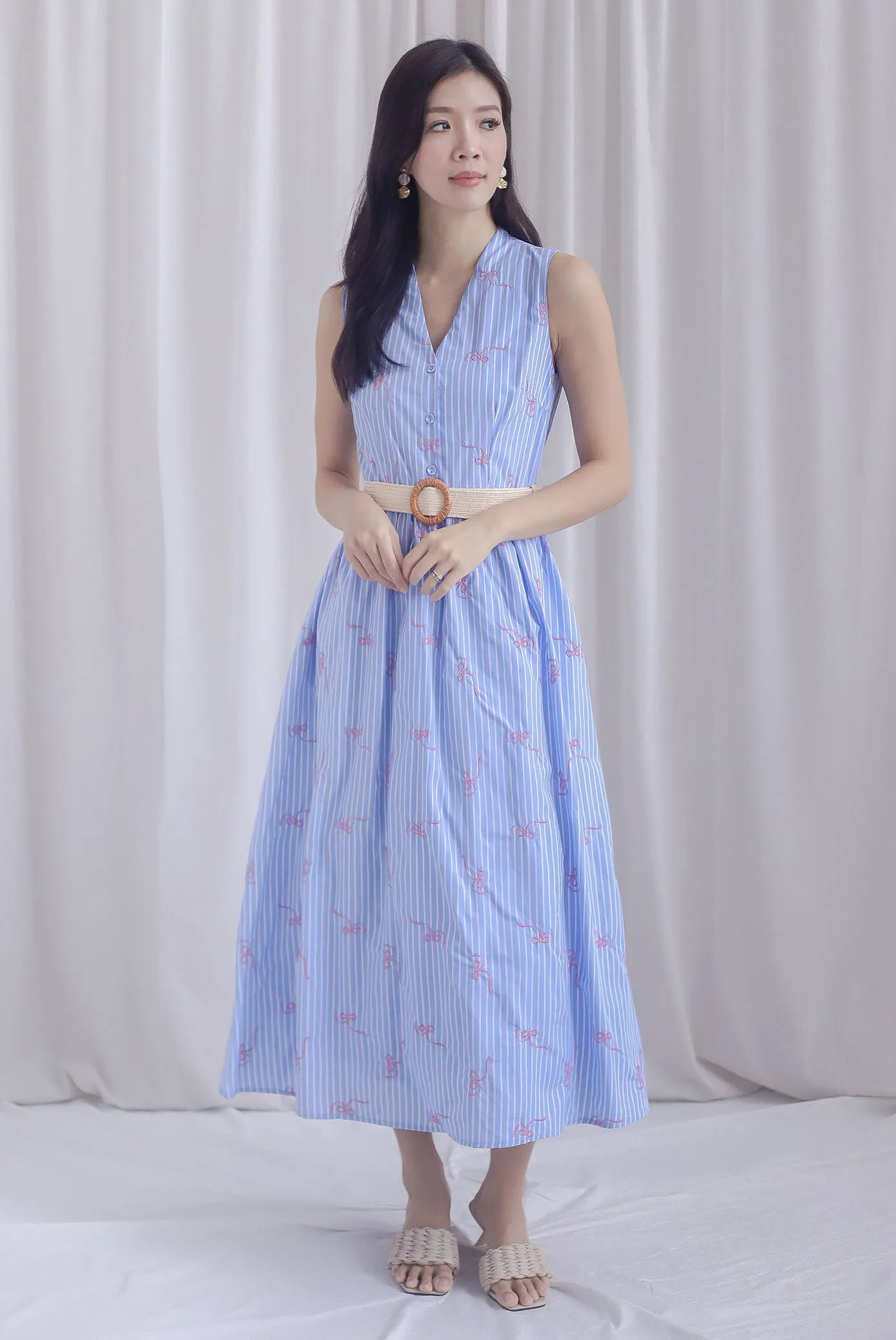Christabel Ribbon Embro Stripes Dress In Blue